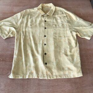 Montego Mon 100% Silk Shirt Men L Yellow Floral Pineapple Logo Button Up Pocket
